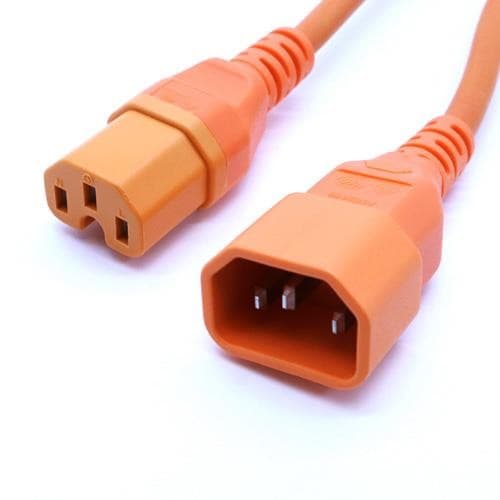 Orange IEC C14 to IEC C15 power cable, 0.5m long, featuring durable rubberized connectors with three prongs on one end and two slots on the other, designed for hot conditions.