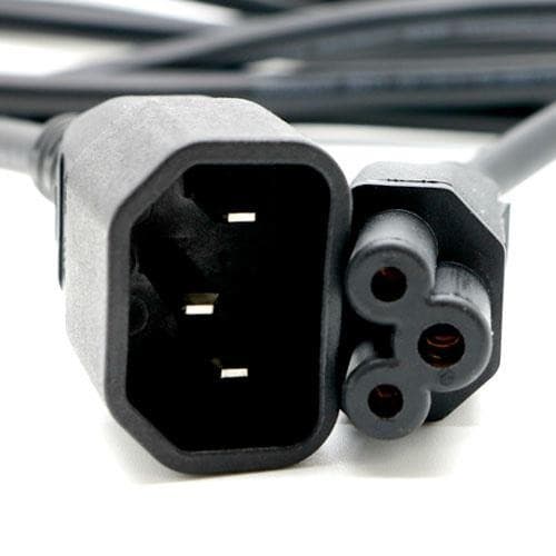 Black PVC power lead featuring a 2m length with an IEC C14 connector on one end and a cloverleaf IEC C5 connector on the other, designed for reliable electrical connections.