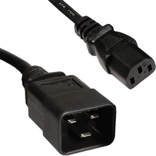 Black PVC power lead featuring a 2m length with IEC C20 and IEC C13 connectors, designed for reliable electrical connections.