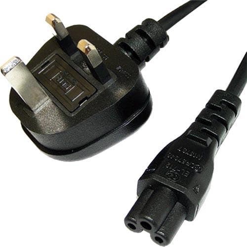 Black PVC power lead with a 2m length, featuring a UK 3-pin plug and an IEC C5 Cloverleaf connector, suitable for devices requiring 5 Amp power.
