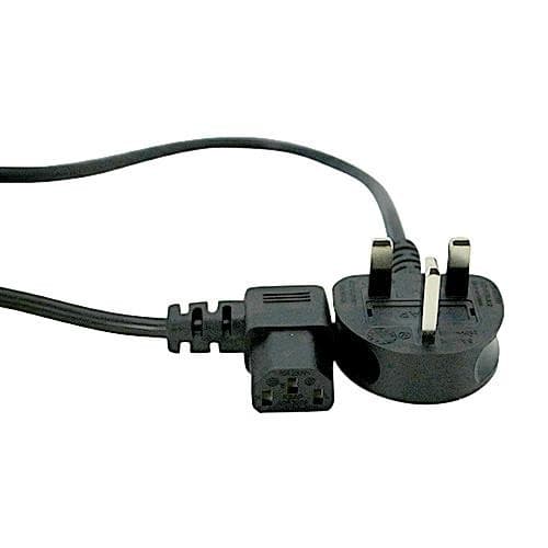 Black PVC power cable with a right-angle IEC C13 connector on one end and a UK three-pin plug on the other, measuring 2 meters and rated for 5 amps.