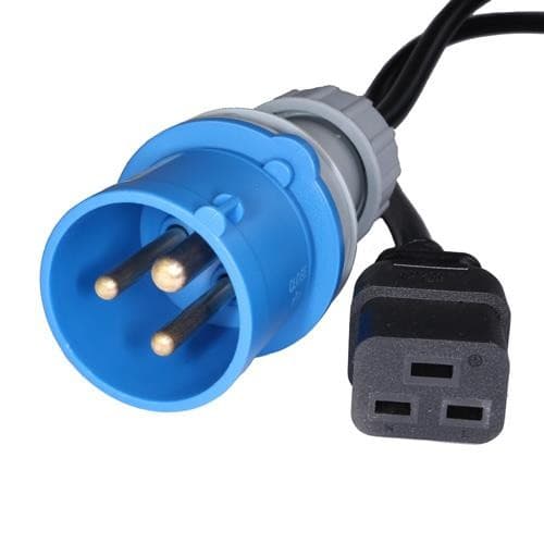Black PVC power lead with a 16Amp commando connector in blue and a standard IEC-C19 plug, measuring 3 meters in length and featuring a 1.5mm wire gauge.