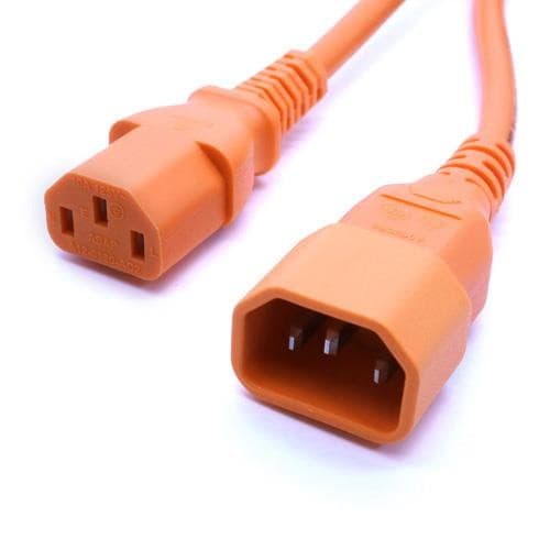 Orange PVC power lead featuring a 3m length with IEC C14 and IEC C13 connectors, designed for electrical connections.