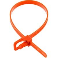 Orange nylon releasable cable tie with locking mechanism, looped and ready for use, by Cablenet.