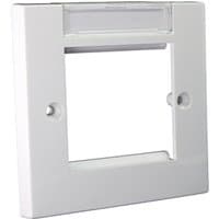 White Cablenet flush faceplate 86mm x 86mm, single gang, with a rectangular labelling window and two screw holes.