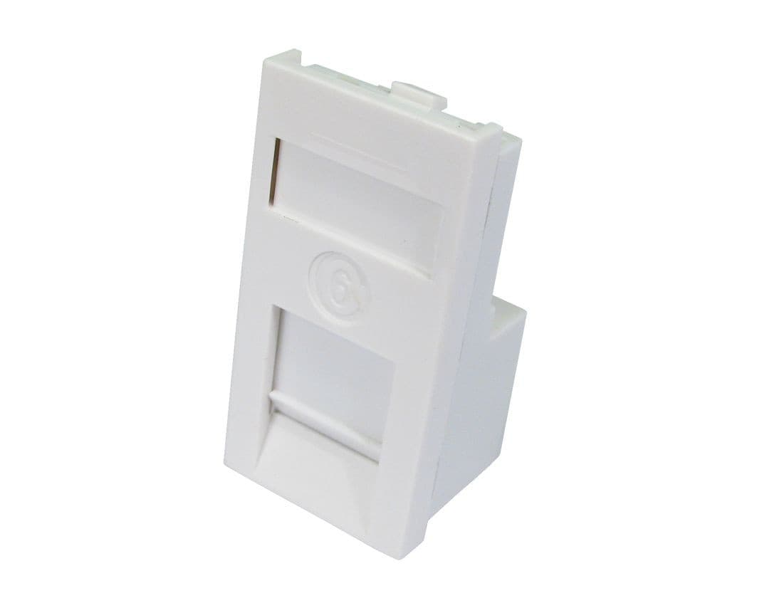 White Cat6 keystone jack made of plastic, featuring a rectangular shape with a slot for cable insertion and a circular logo on the front.