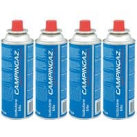 Campingaz blue isobutane gas cartridges, 220g, pack of 4, with red caps and white branding.