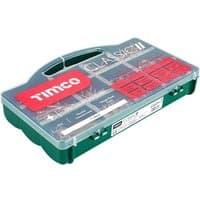 Timco Classic Wood Screws Assorted Tray, clear lid, green base, multiple compartments with red labels.