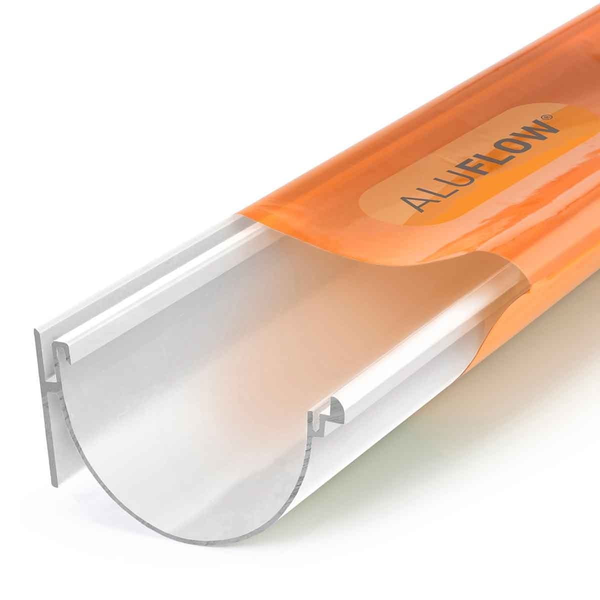 Deepflow 2M white aluminum gutter by Clear Amber, featuring a smooth, rounded design with a glossy finish and an engraved logo on the side.