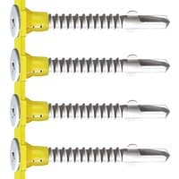 Yellow collated wing tip wood to metal screws with silver spiral threads and flat round heads.