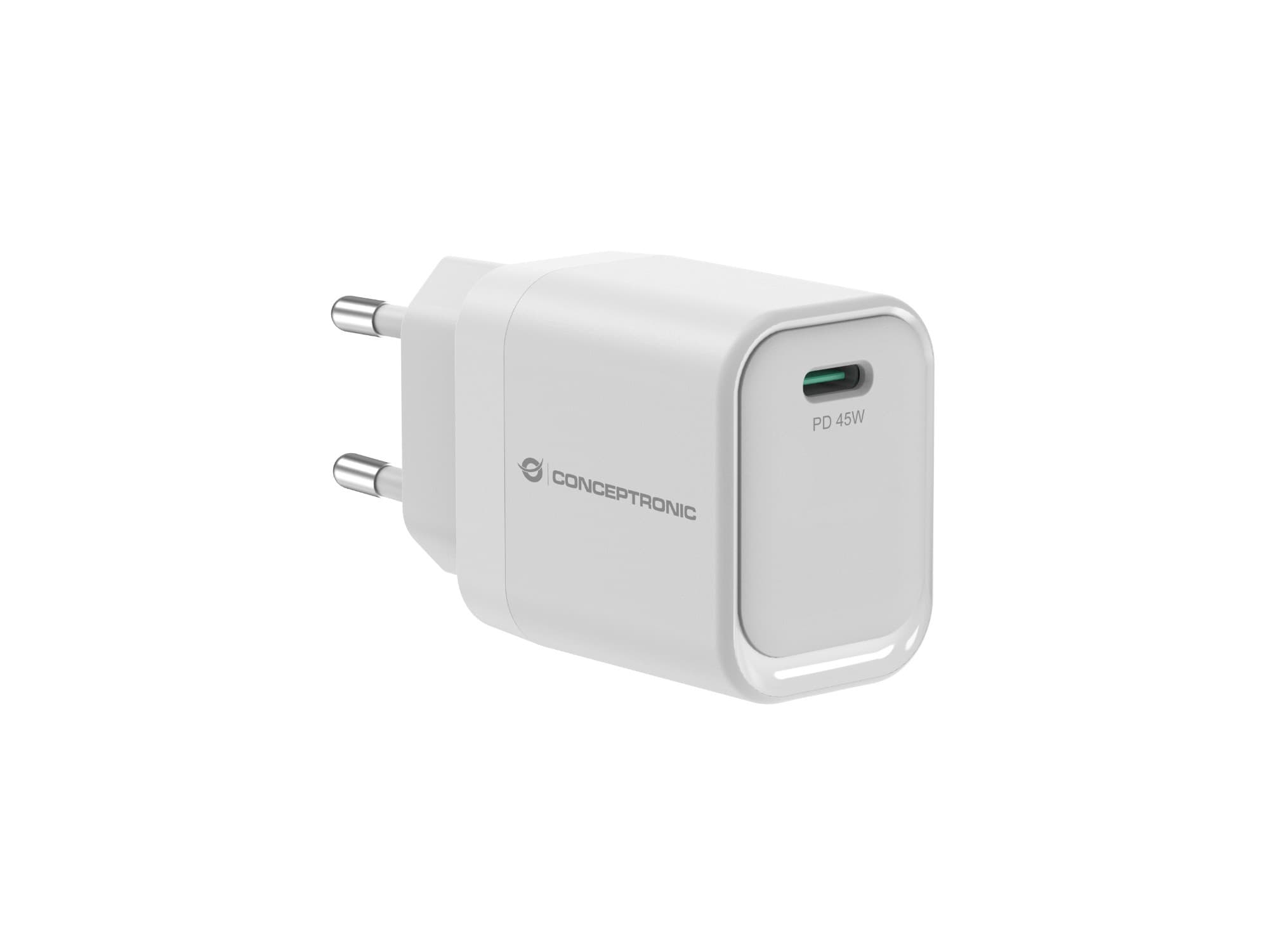 White 1-port GaN USB-C PD charger with a sleek design, featuring a green USB-C port and labeled "PD 45W" on the side, suitable for fast charging.