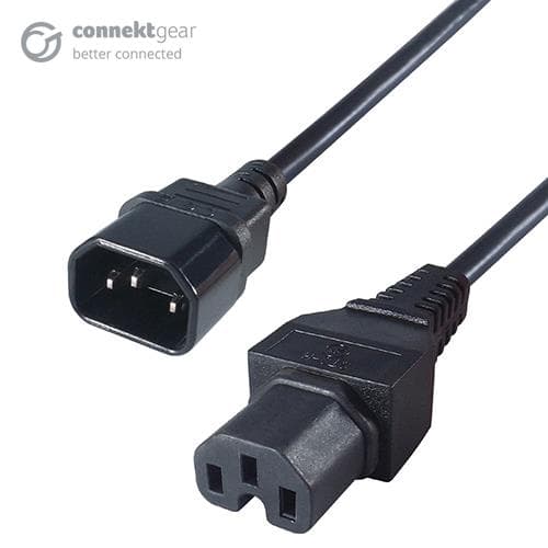 Black 1m mains extension power cable featuring a C14 plug on one end and a C15 socket on the other, designed for high-temperature applications.