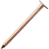 Copper clout nail by Timco with flat head, smooth shank, and sharp point.
