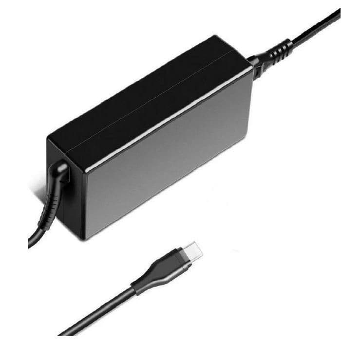 Black rectangular power adapter with a smooth finish, featuring a cable with a USB-C connector, designed for indoor use.