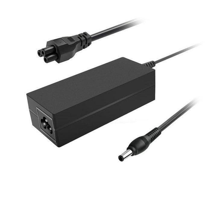 Black rectangular power adapter with a matte finish, featuring a two-prong input connector and a cylindrical output connector, designed for indoor use with 65W capacity.