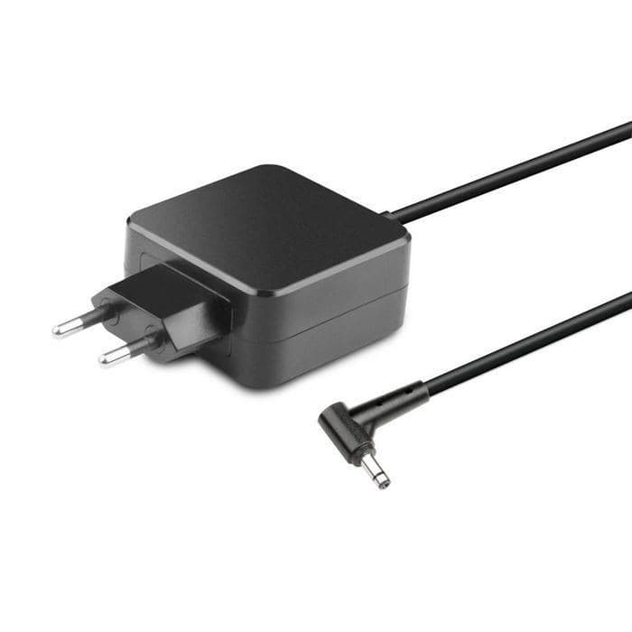 Black 45W power adapter with a compact design, featuring a two-prong plug and a right-angle connector cable for indoor use.