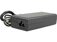 Black power adapter/inverter with a textured surface, featuring a power input port and a coiled cable, designed for indoor use with a 90 W capacity.