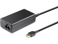 Black 65W power adapter/inverter with a rectangular design, featuring a connector cable and a three-pronged plug socket.
