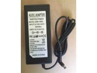 Black rectangular power adapter with a label detailing specifications, featuring a cord with a connector, designed for indoor use, rated at 40 W.