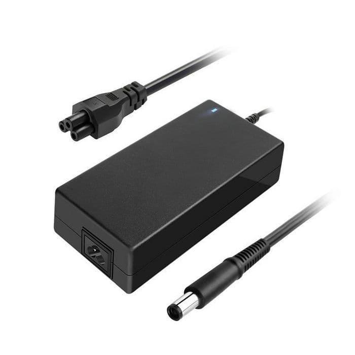 Black power adapter/inverter with a sleek design, featuring a blue LED indicator, a standard power input connector, and a round output connector for devices, rated at 210 W.