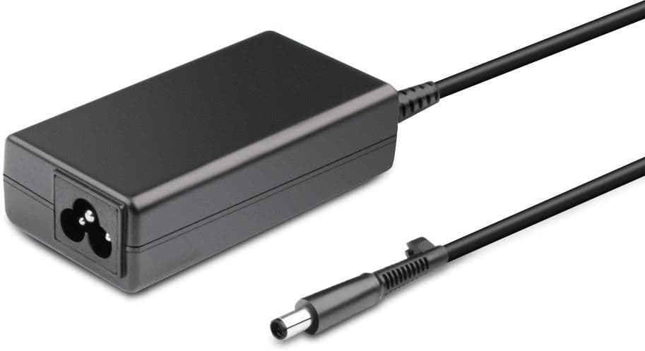Black 65W power adapter/inverter with a rectangular body, featuring a power input socket and a connector cable for devices.