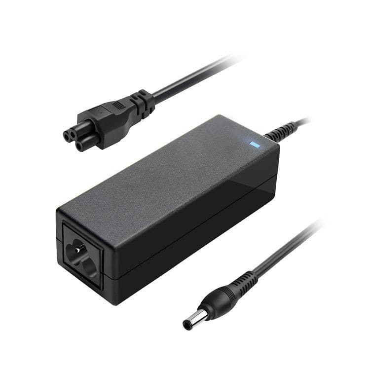 Black power adapter/inverter with a sleek rectangular design, featuring a power input connector and a cylindrical output connector, labeled with a blue indicator light.