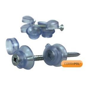 Clear 60mm fixings in a pack of 50, featuring transparent plastic heads and metal screws, designed for securing Corrapol roofing materials.