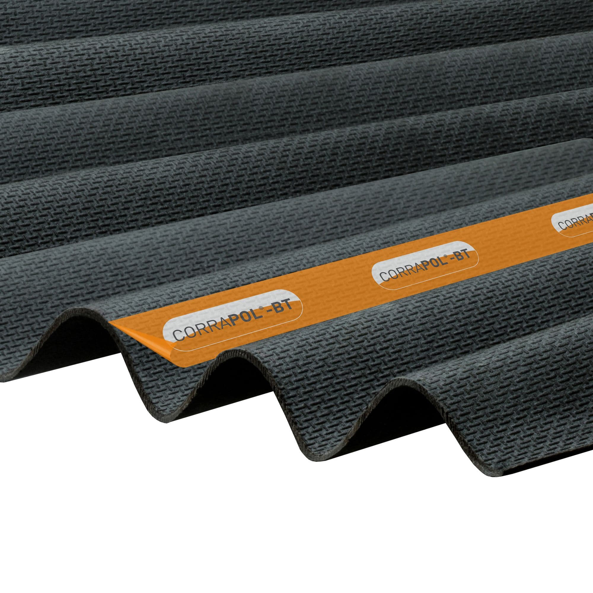 Black corrugated bitumen sheet with a textured surface, measuring 930 x 1000mm, featuring an orange label with "CORRAPOL-BT" branding.