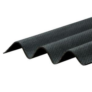 Black corrugated bitumen sheet with a textured surface, measuring 930 x 2000mm, featuring multiple waves along the edges for enhanced durability and weather resistance.