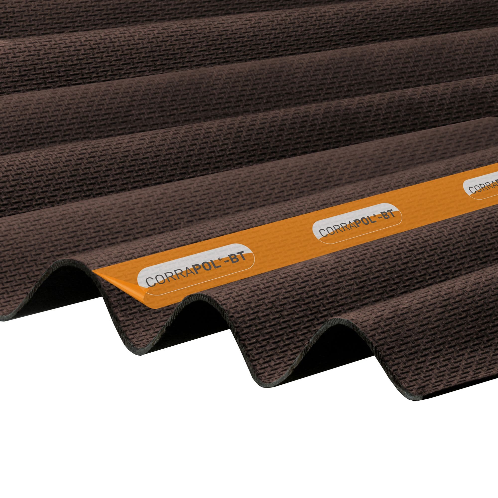 Brown corrugated bitumen sheet, measuring 930 x 1000mm, featuring a textured surface and an orange label with "CORRAPOL-BT" branding.