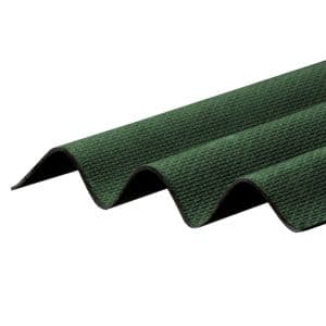 Green corrugated bitumen sheet with a textured surface, measuring 930 x 2000mm, featuring multiple waves for enhanced durability and weather resistance.