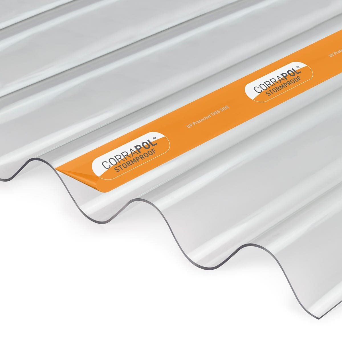 Clear, corrugated polycarbonate sheet with a high profile, measuring 950 x 1000mm, featuring an orange branding strip labeled "Corrapol Stormproof."