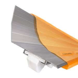 Corrapol Wall Top Flashing in orange and silver, made of durable material, featuring a smooth, curved design and a white foam backing for secure installation, measuring 6 meters long.