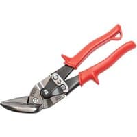 Red-handled Crescent Wiss® M6R Metalmaster® snips with silver blades and black pivot joint.