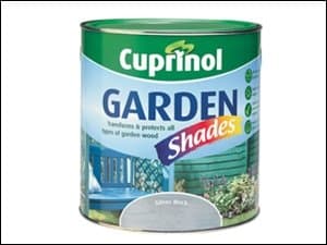 Cuprinol Garden Shades Seagrass 2.5 Litre paint can featuring a green lid, vibrant blue label with white text, and images of garden wood, ideal for outdoor use.