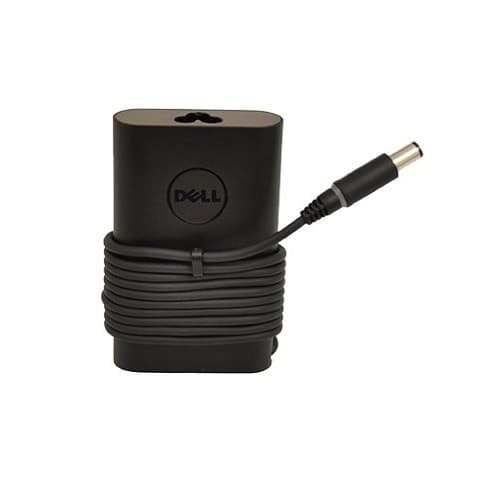 Black Dell 166MD power adapter with a 65W capacity, featuring a coiled cable and the Dell logo prominently displayed on the front.