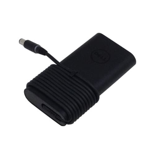 Black DELL 450-19038 power adapter with a compact design, featuring a wrapped cable and a circular connector, suitable for indoor use with a 90 W output.