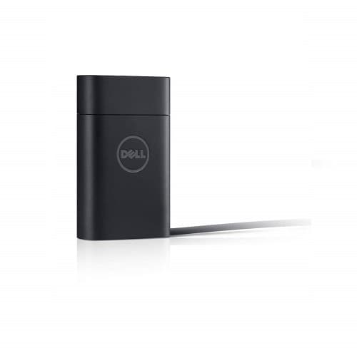 Black Dell 492-BBVF power adapter with a compact design, featuring the Dell logo on the front and a connected power cord for indoor use, rated at 45 W.