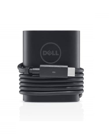 Black DELL KH1C8 power adapter with a cylindrical design, featuring a coiled USB-C cable, and the DELL logo prominently displayed on the front.