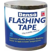 Denso grey flashing tape roll, 300mm x 10m, with blue and white label, featuring brand logo and product details.