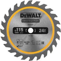 DeWalt 115mm circular saw blade with 24 teeth, silver with yellow accents and construction branding.