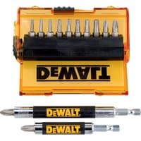 DeWalt 14 piece bit set with yellow case, black holder, various screwdriver bits, and two black and silver drive guides.