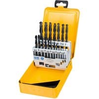 Yellow DeWalt 19 Piece HSS-R Drill Bit Set in a plastic case with labeled slots for each black drill bit.