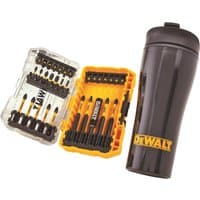 DeWalt 32 Piece FlexTorq Screwdriver Bit Set in yellow case with black travel mug featuring DeWalt logo.