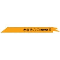 Yellow DeWalt bi-metal reciprocating saw blade with printed icons and logo, designed for cutting metal.