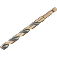 Gold and black DeWalt 9.0mm hex HSS-G drill bit with spiral flutes and hexagonal shank.