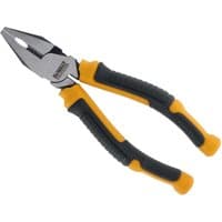 DeWalt combination pliers with black and yellow rubber grips and a polished steel head.
