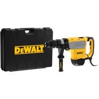 Yellow and black DeWalt SDS MAX hammer drill with side handle, shown with black carrying case.