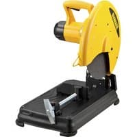 Yellow DeWalt metal saw with black base, large abrasive cutting disc, and ergonomic handle.