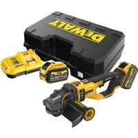 Yellow and black DeWalt cordless angle grinder with 230mm disc, FLEXVOLT battery, charger, and carrying case.